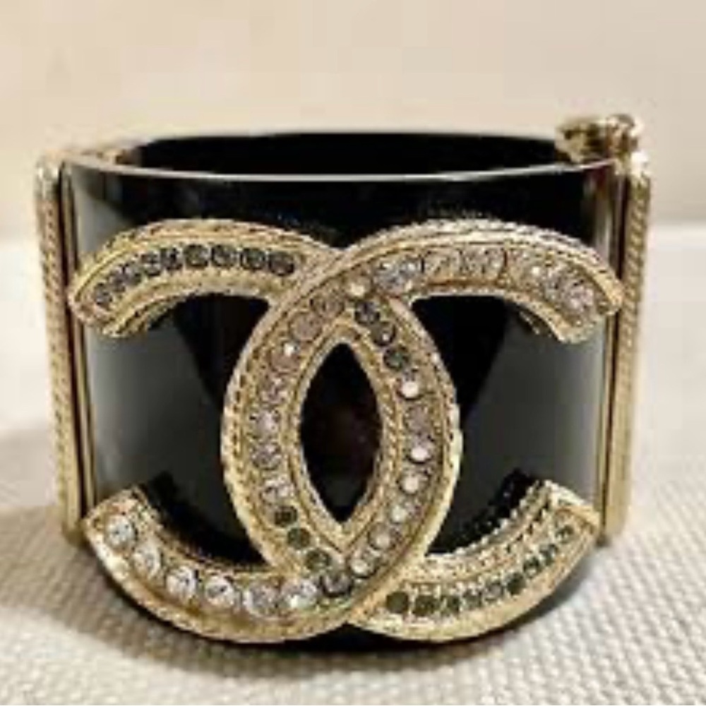 CHANEL Black and Gold Crystal Cuff Bracelet